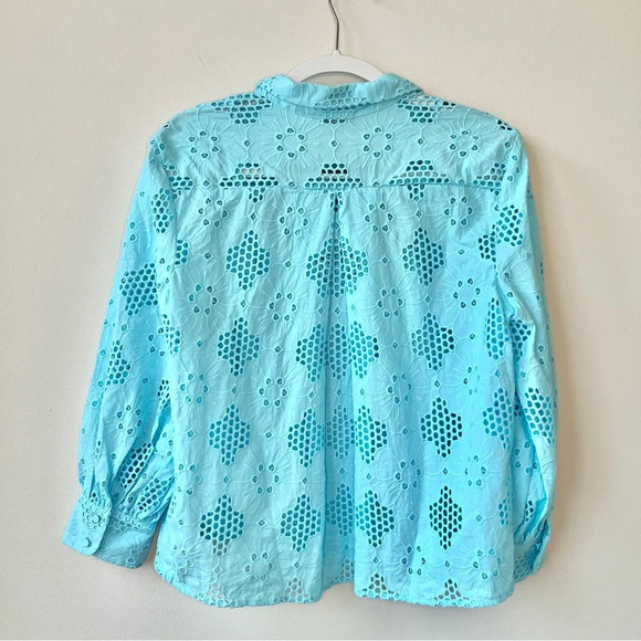 NWT J. Crew Blue Long Sleeve Popover Eyelet Top - Picture 3 of 6